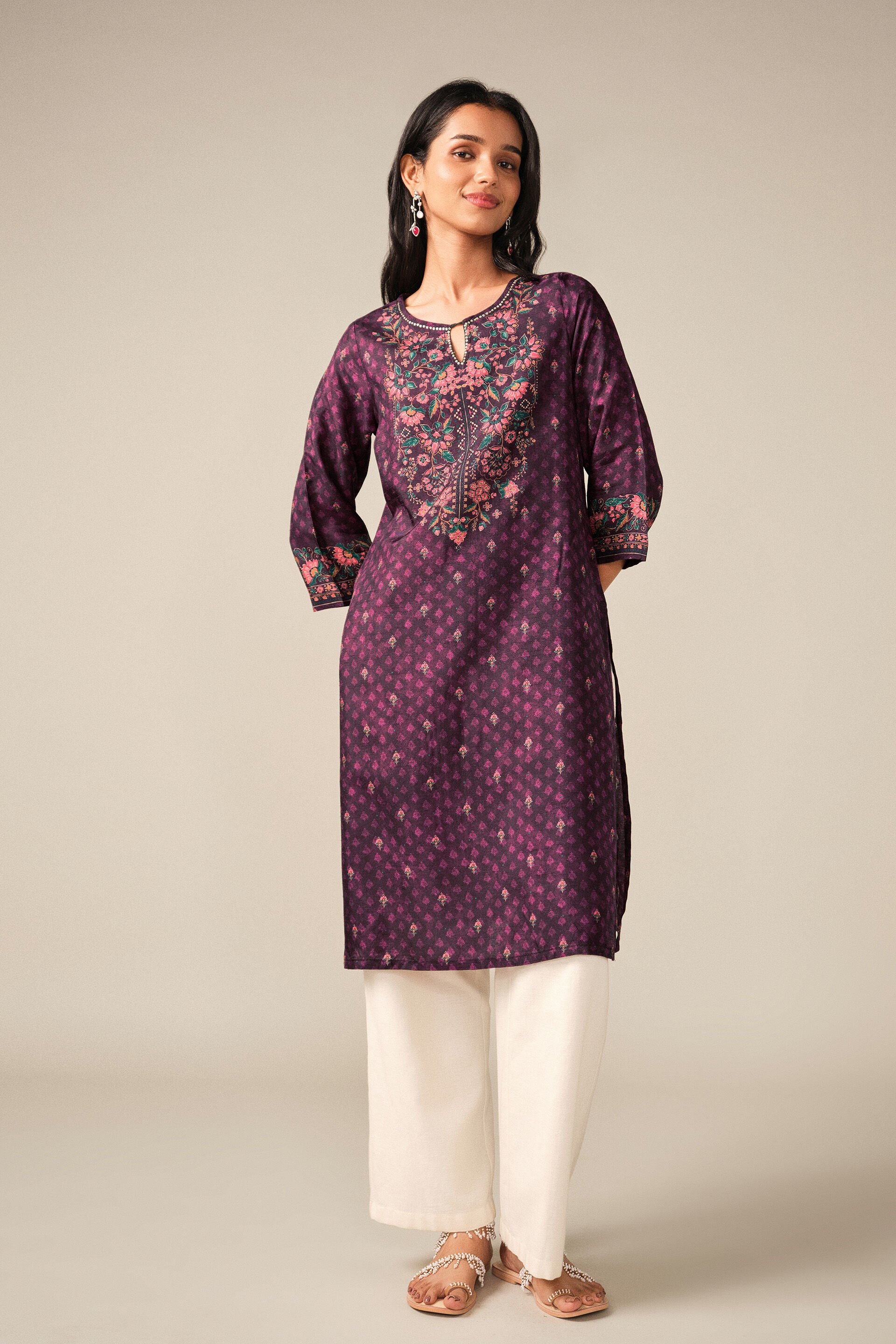 Printed Kurta in Wine, Wine, image 2